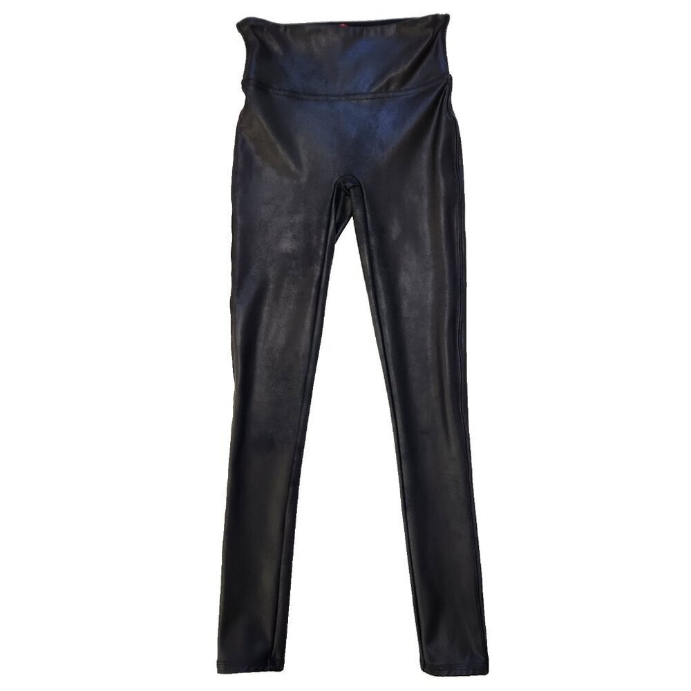SPANX Shape Faux Leather Leggings XS Petite Black High Waist‎ Slimming 2437Q